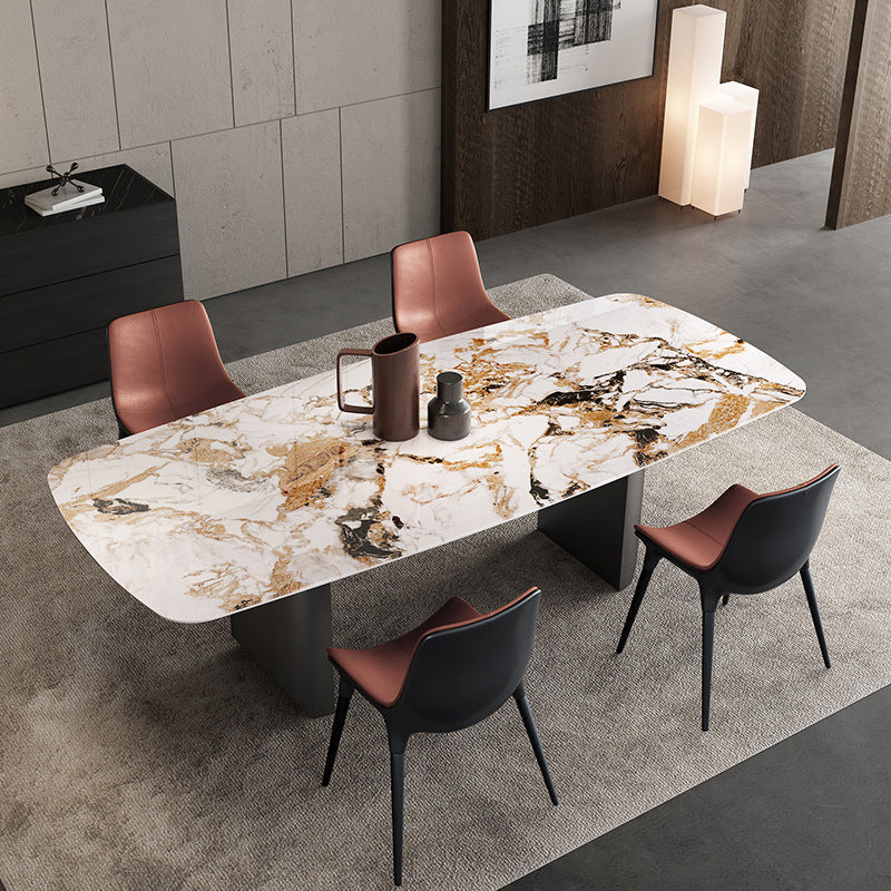 Moderne Rechteck Esstisch Stein Tisch mit Edelstahlschlittenbasis
