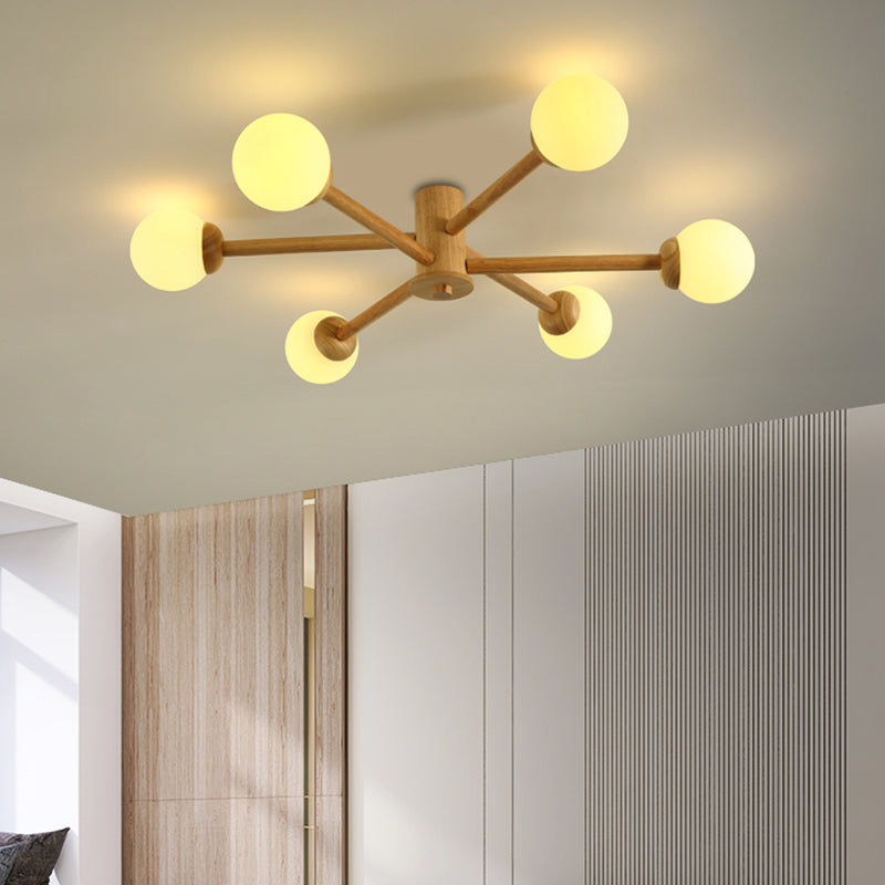 Modern Flush Light Fixtures Wood Sphere Flush Mount Lamp in Brown for Living Room