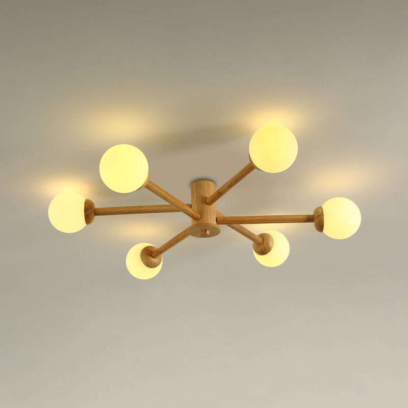 Modern Flush Light Fixtures Wood Sphere Flush Mount Lamp in Brown for Living Room