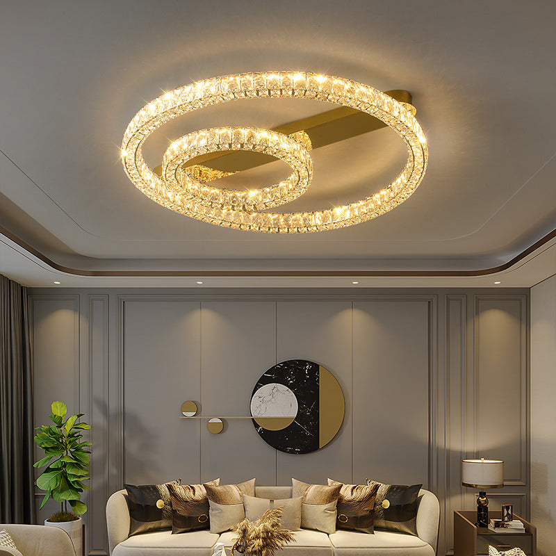 Modern Flush Light Fixtures Crystal Circular Flush Mount Lamp in Gold for Living Room