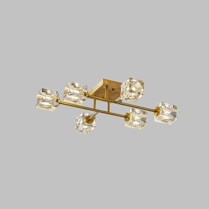 Modern Flush Light Fixtures Crystal Cube Flush Mount Lamp in Gold for Living Room