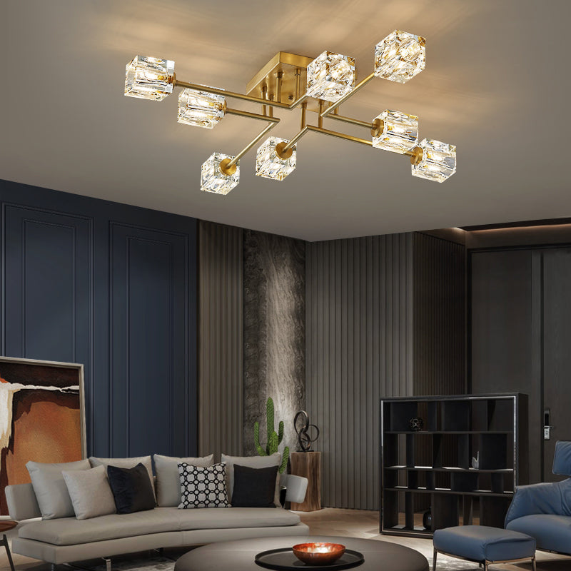 Modern Flush Light Fixtures Crystal Cube Flush Mount Lamp in Gold for Living Room