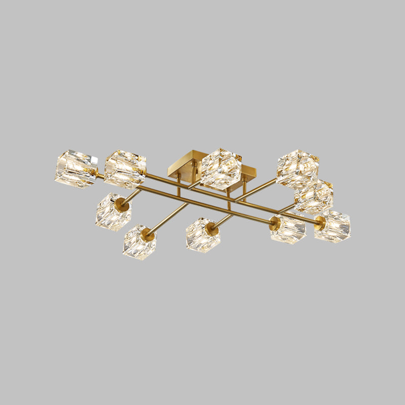 Modern Flush Light Fixtures Crystal Cube Flush Mount Lamp in Gold for Living Room