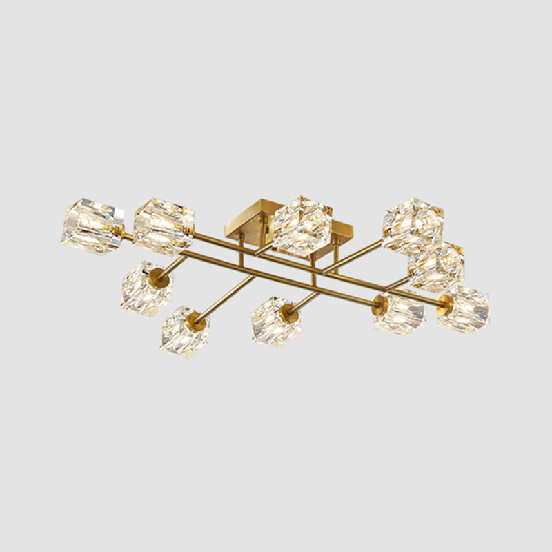 Modern Flush Light Fixtures Crystal Cube Flush Mount Lamp in Gold for Living Room