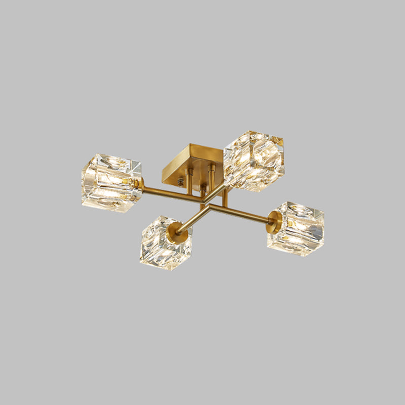 Modern Flush Light Fixtures Crystal Cube Flush Mount Lamp in Gold for Living Room