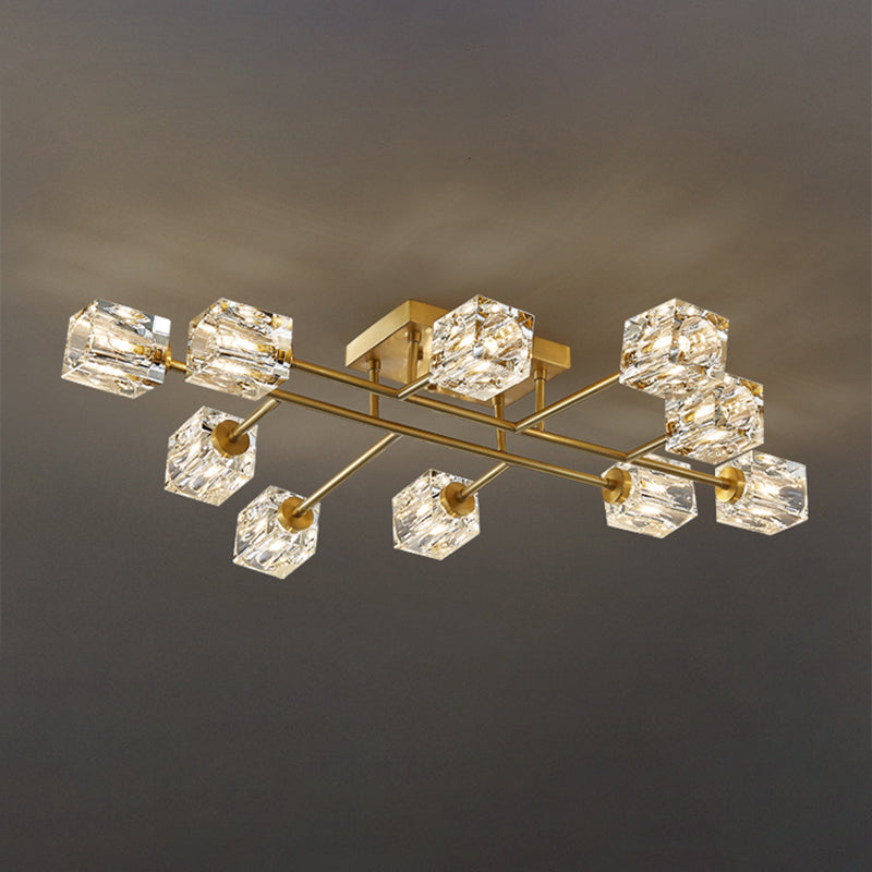 Modern Flush Light Fixtures Crystal Cube Flush Mount Lamp in Gold for Living Room