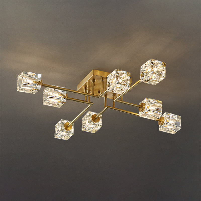 Modern Flush Light Fixtures Crystal Cube Flush Mount Lamp in Gold for Living Room