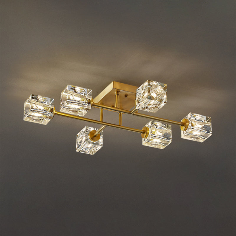 Modern Flush Light Fixtures Crystal Cube Flush Mount Lamp in Gold for Living Room