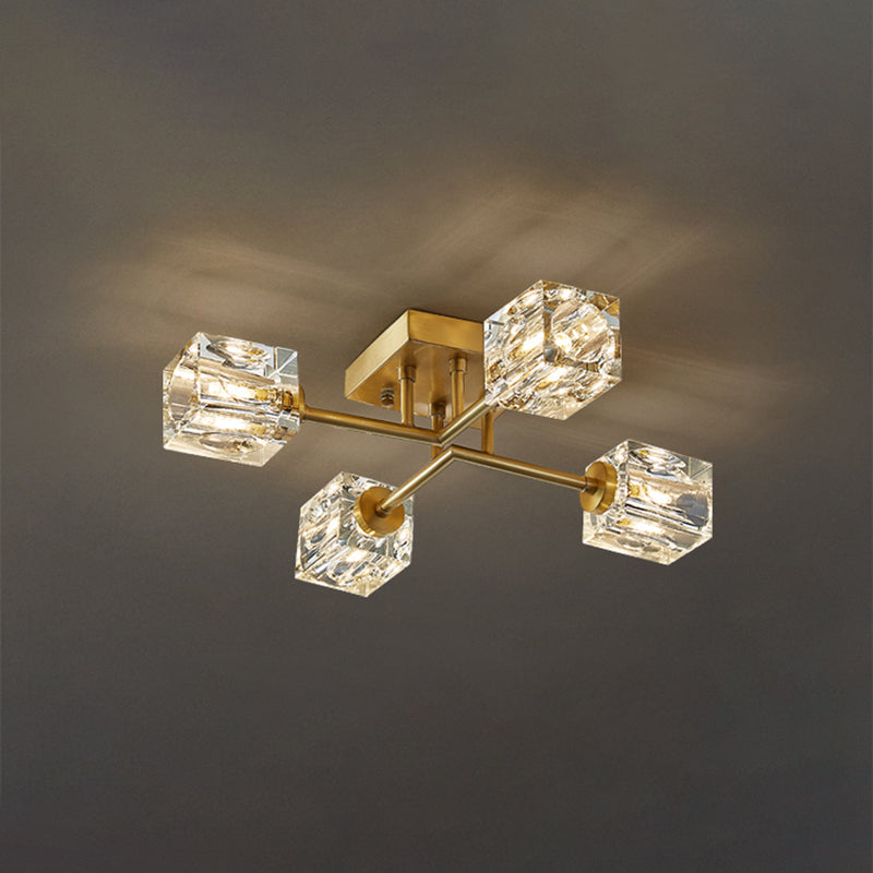 Modern Flush Light Fixtures Crystal Cube Flush Mount Lamp in Gold for Living Room