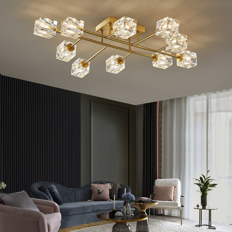 Modern Flush Light Fixtures Crystal Cube Flush Mount Lamp in Gold for Living Room