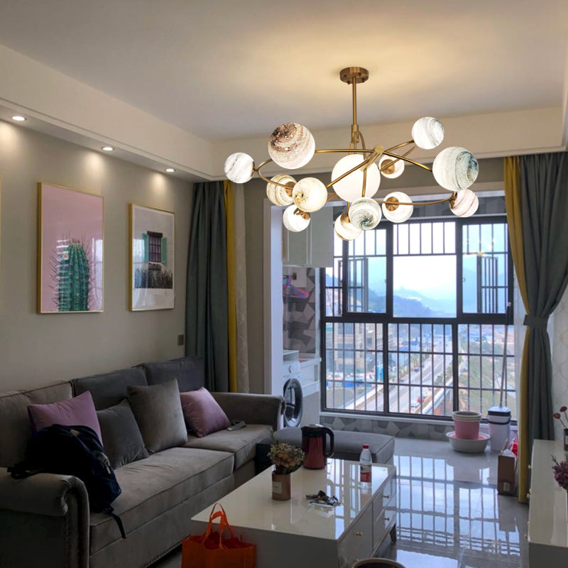 Multi Light Glass Sphere Chandelier Light Gold Pendant Light for Living Room