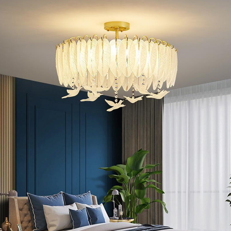 Simple Feather Ceiling Mounted Fixture Glass Bedroom Close to Ceiling Lamp in Gold