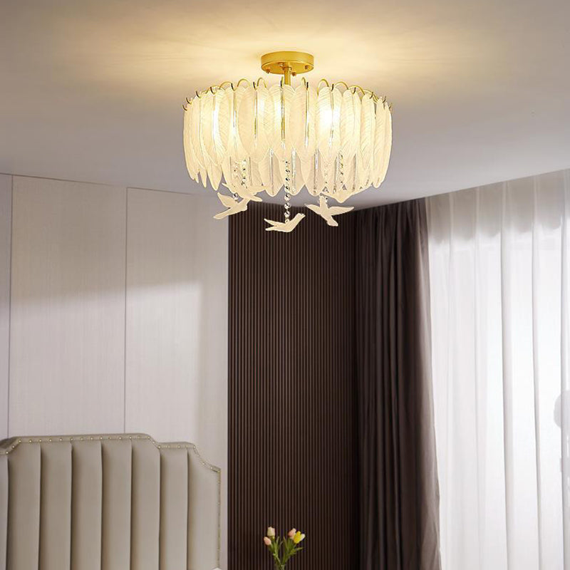 Simple Feather Ceiling Mounted Fixture Glass Bedroom Close to Ceiling Lamp in Gold