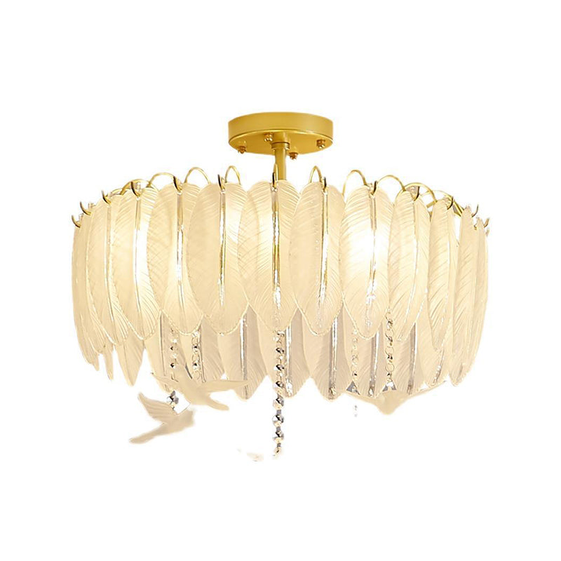Simple Feather Ceiling Mounted Fixture Glass Bedroom Close to Ceiling Lamp in Gold