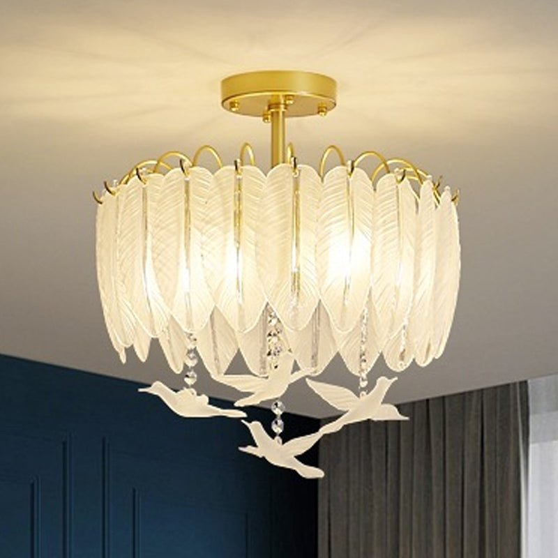 Simple Feather Ceiling Mounted Fixture Glass Bedroom Close to Ceiling Lamp in Gold