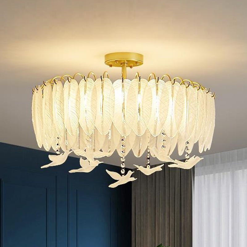 Simple Feather Ceiling Mounted Fixture Glass Bedroom Close to Ceiling Lamp in Gold