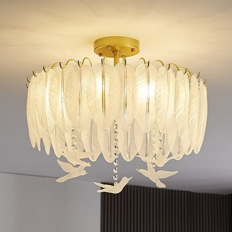 Simple Feather Ceiling Mounted Fixture Glass Bedroom Close to Ceiling Lamp in Gold