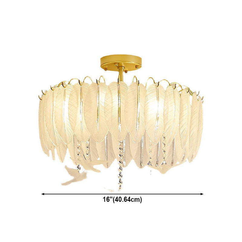 Simple Feather Ceiling Mounted Fixture Glass Bedroom Close to Ceiling Lamp in Gold