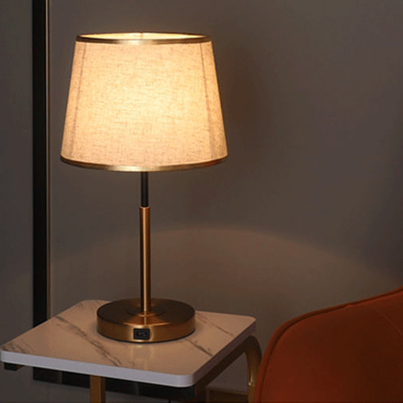 Gold Metal Table Light Modern 1-Light Bedroom Nightstand Lamp with Bucket Fabric Shade