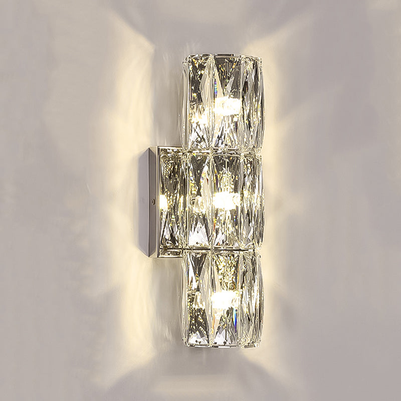 Postmodern Crystal Wall Light Cylinder Multi Light Wall Sconce in Chrome for Bedroom