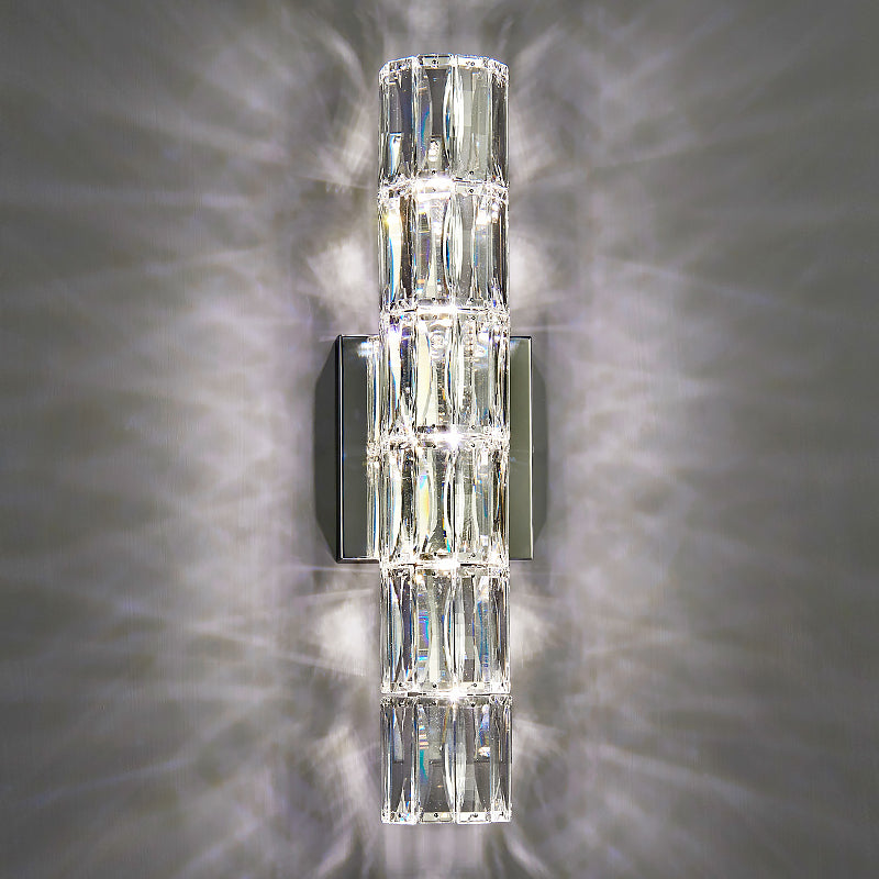 Postmodern Crystal Wall Light Cylinder Multi Light Wall Sconce in Chrome for Bedroom