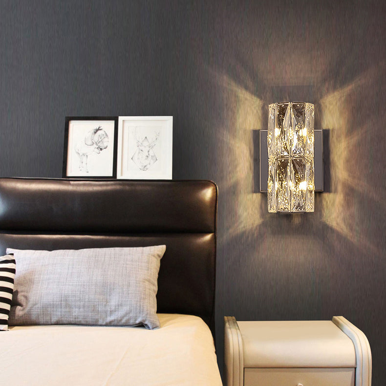 Postmodern Crystal Wall Light Cylinder Multi Light Wall Sconce in Chrome for Bedroom