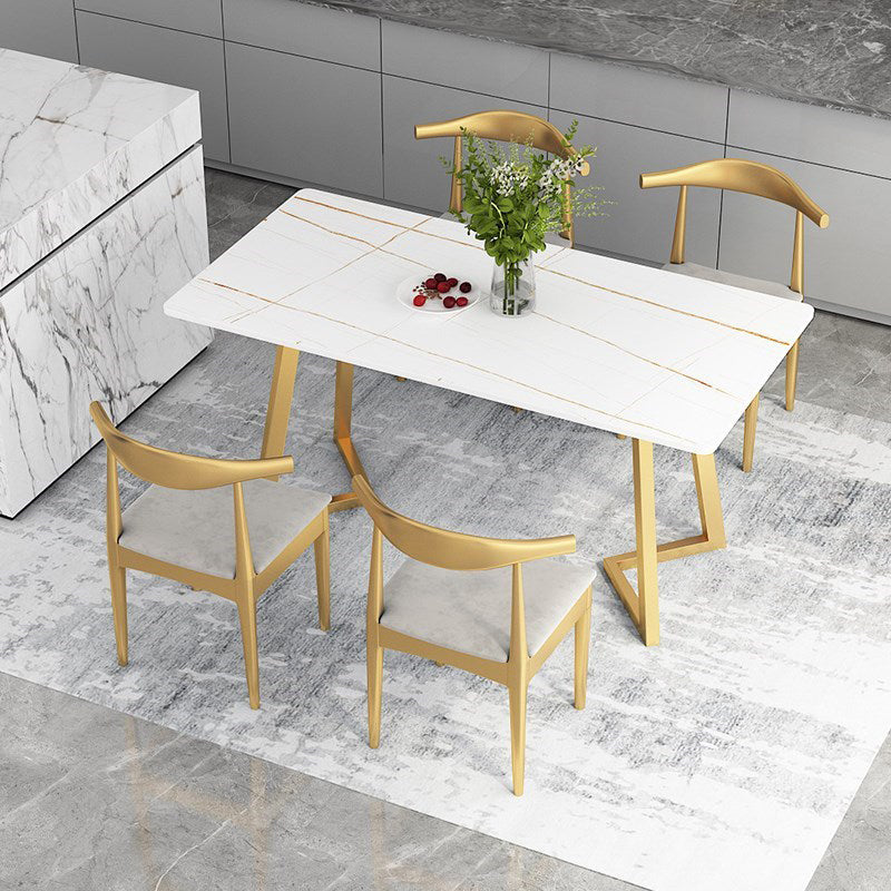 Mesa de comedor rectangular estilo Glam, mesa con pedestal doble con piedra sinterizada