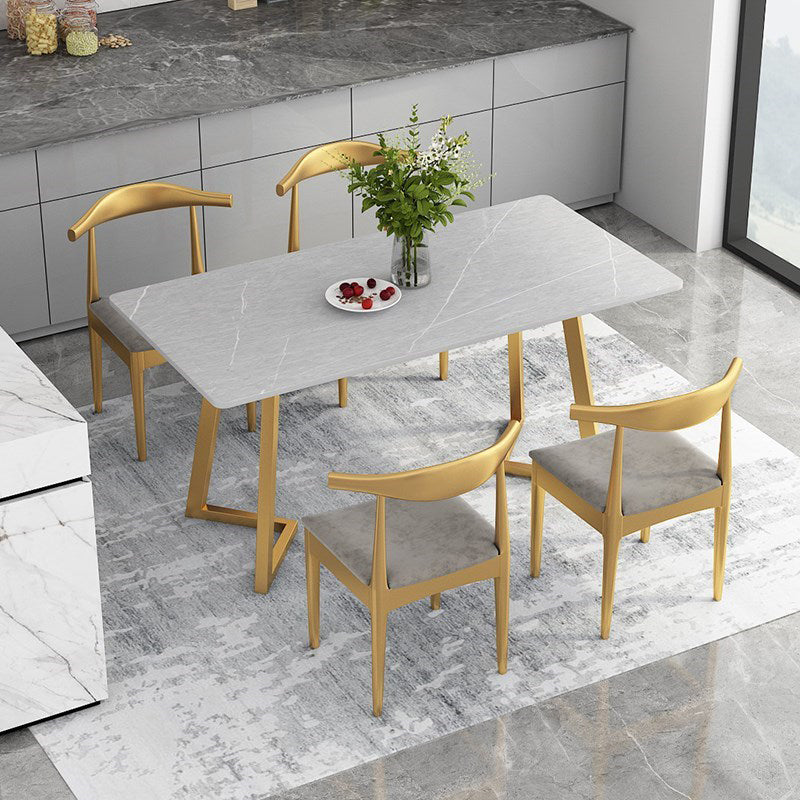 Mesa de comedor rectangular estilo Glam, mesa con pedestal doble con piedra sinterizada