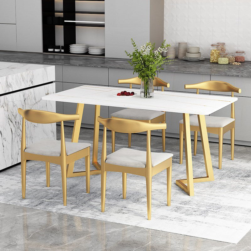 Mesa de comedor rectangular estilo Glam, mesa con pedestal doble con piedra sinterizada