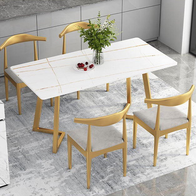 Mesa de comedor rectangular estilo Glam, mesa con pedestal doble con piedra sinterizada