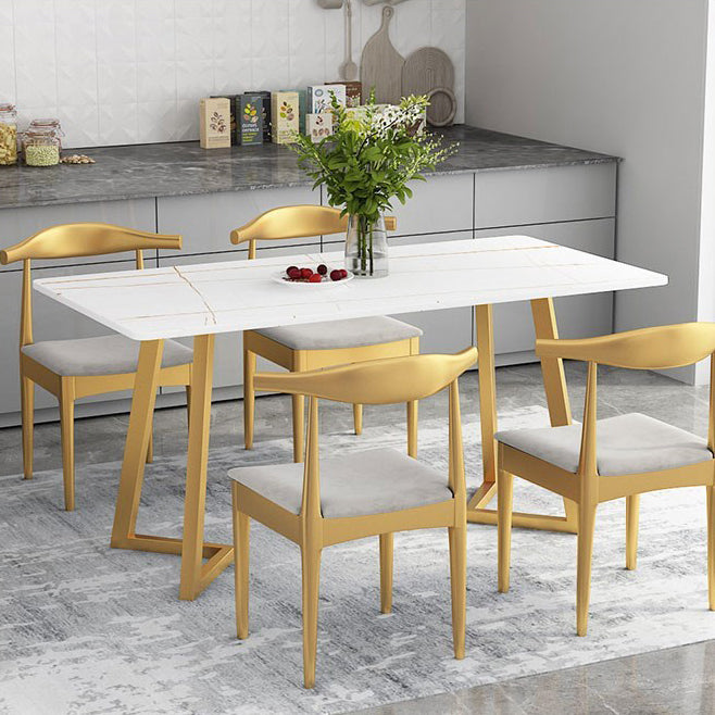 Mesa de comedor rectangular estilo Glam, mesa con pedestal doble con piedra sinterizada
