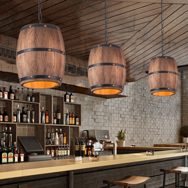 Barrel Restaurant Pendant Light Wood Creative Industrial 1 Light Hanging Light in Brown