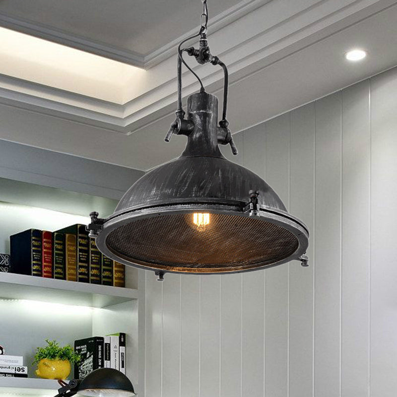 1 Light Dome Hanging Light Vintage Style Antique Black Metal Pendant Lighting Fixture with Wire Mesh