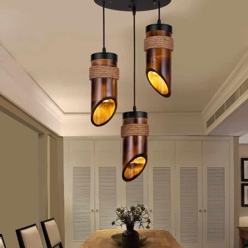 Tube bambou suspendu lampe à trois légers suspension à trois légers légers en marron pour salle à manger