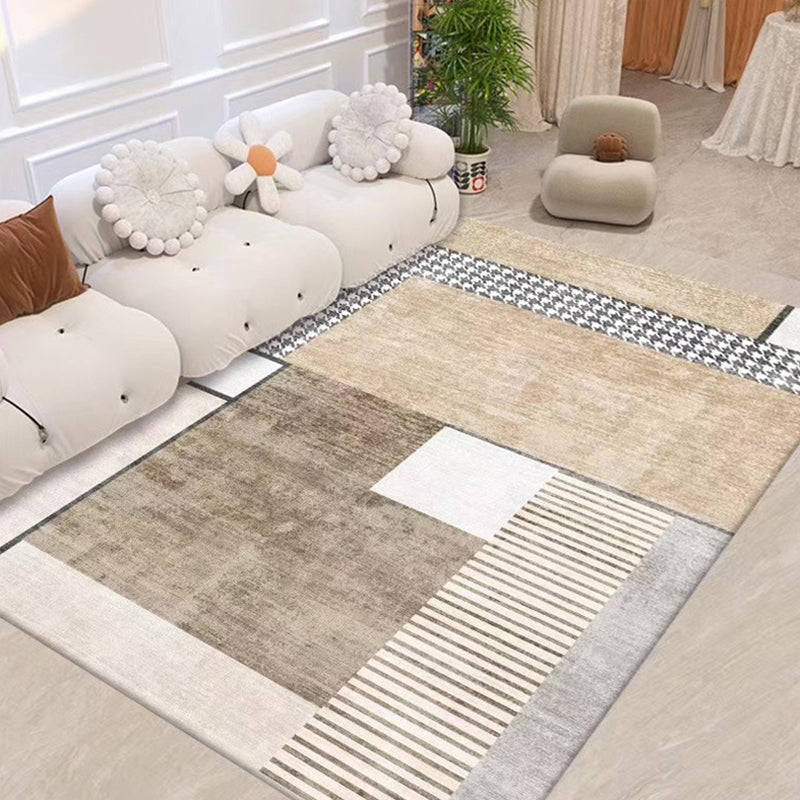 Light Brown Striped Rug Polyester Casual Rug Non-Slip Backing Rug for Living Room