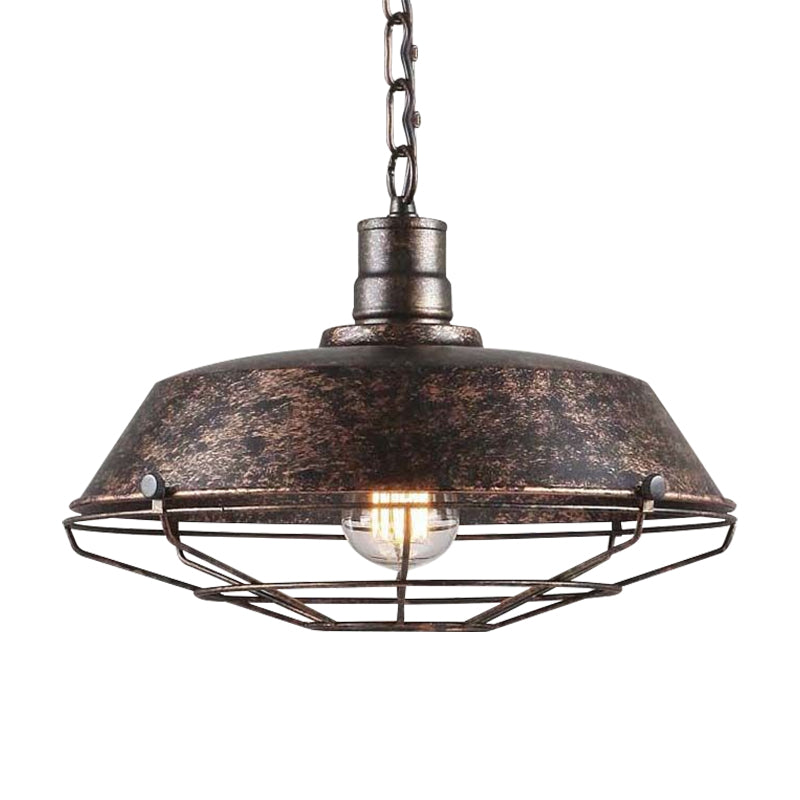 Rustic Stylish Wire Cage Pendant Light with Barn Shade 1 Light Iron Ceiling Light Fixture in Antique Brass/Rust, 10"/14"/18" Width