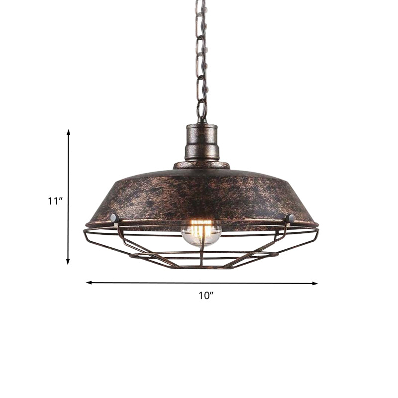 Rustic Stylish Wire Cage Pendant Light with Barn Shade 1 Light Iron Ceiling Light Fixture in Antique Brass/Rust, 10"/14"/18" Width