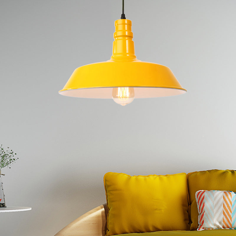 Metal Barn Shade Hanging Lamp Retro Style 1 Bulb Living Room Ceiling Pendant Fixture in Pink/Yellow, 10"/14"/18" Diameter