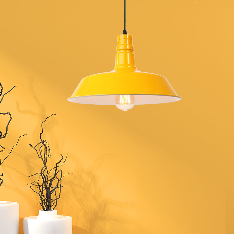 Metal Barn Shade Hanging Lamp Retro Style 1 Bulb Living Room Ceiling Pendant Fixture in Pink/Yellow, 10"/14"/18" Diameter