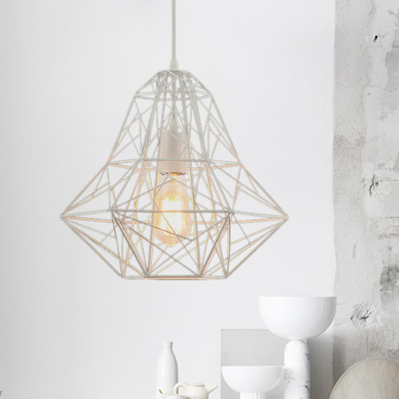 Industrial Cage Diamond Pendant Lighting 1 Head Metallic Hanging Lamp in Black/White for Dining Room, 16"/19.5" Dia