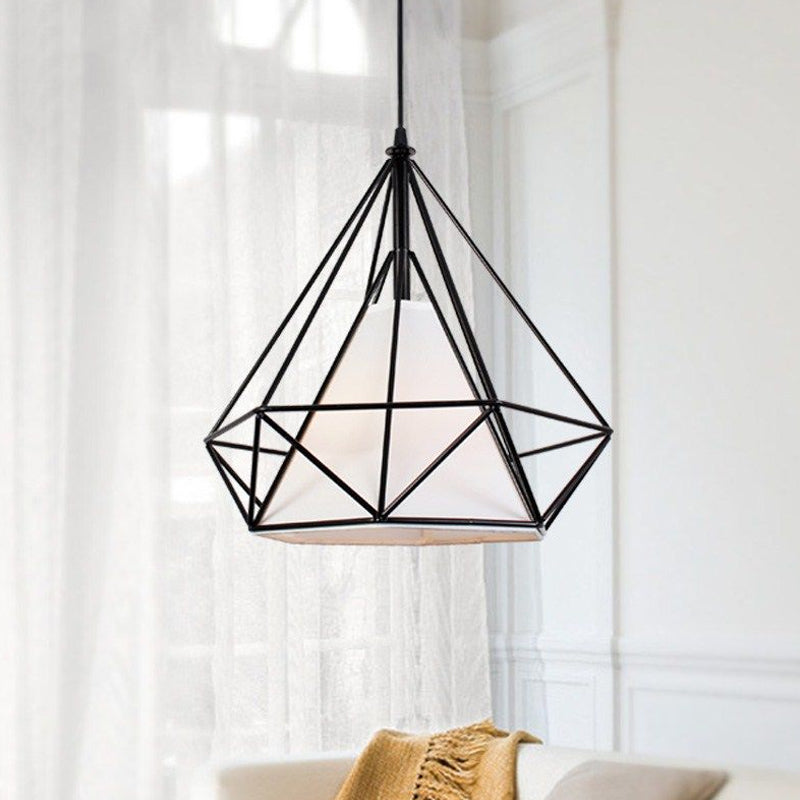 10/15/18" W 1 Bulb Diamond Cage Hanging Light Antique Style White/White and Brown Metal Ceiling Fixture with Fabric Shade