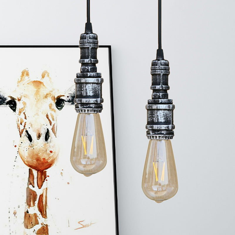 1 Light Bare Bulb Hanging Light Rustic Style Black/Silver Wrought Iron Ceiling Fixture with Pipe for Bathroom