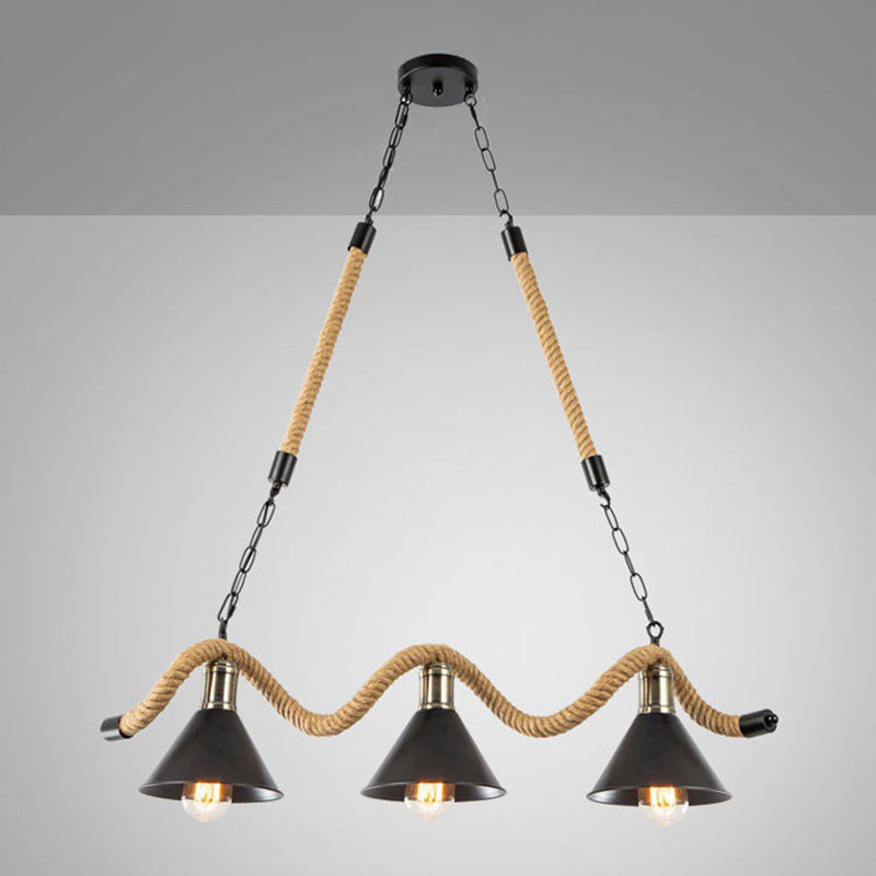 Industrial Natural Rope Island Light Black Metal Shade Island Pendant for Cafe