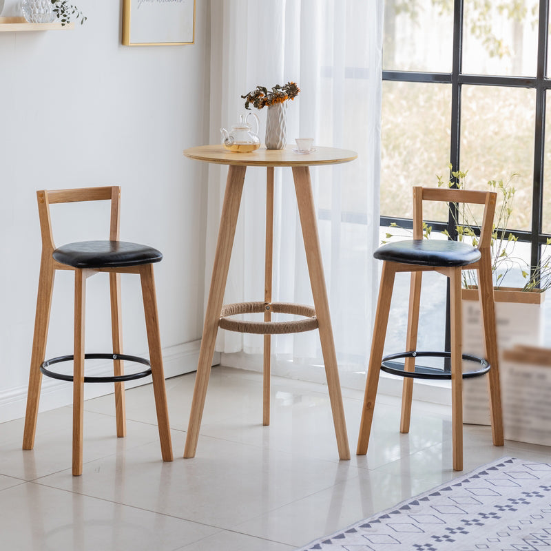 Taburete de bar de estilo industrial, asiento redondo con patas de madera con respaldo bajo para barra de cocina