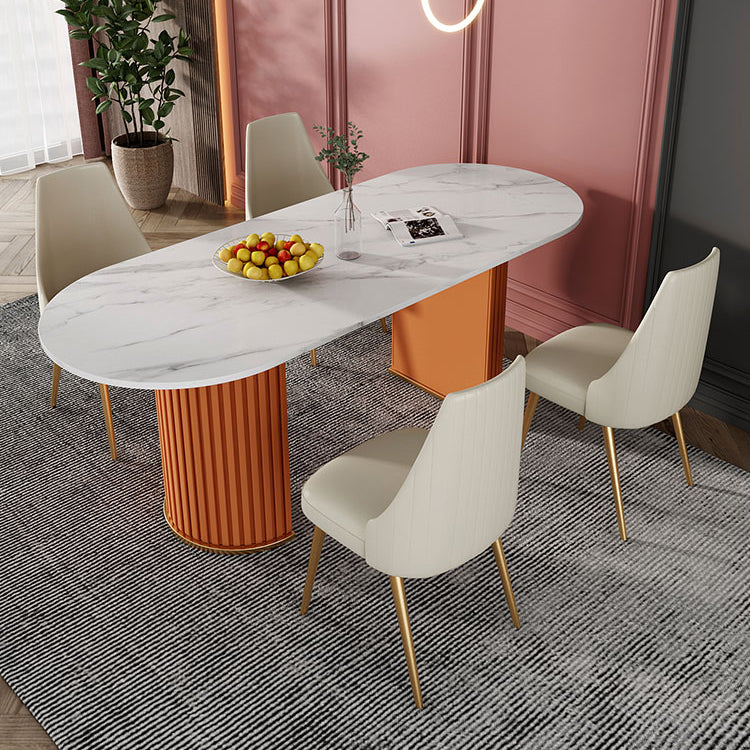Mesa blanca de piedra sinterizada ovalada, mesa de pedestal doble de lujo para comedor