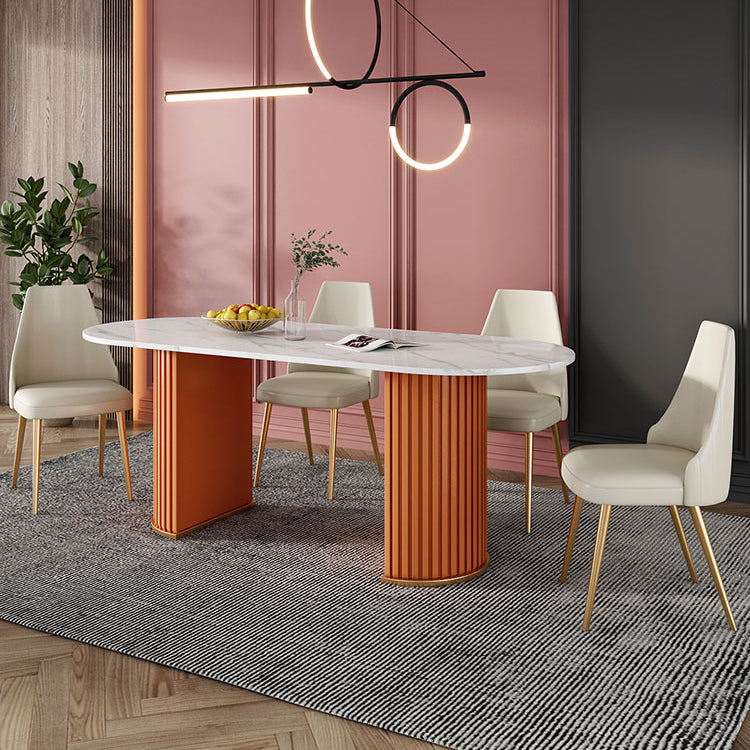 Mesa blanca de piedra sinterizada ovalada, mesa de pedestal doble de lujo para comedor