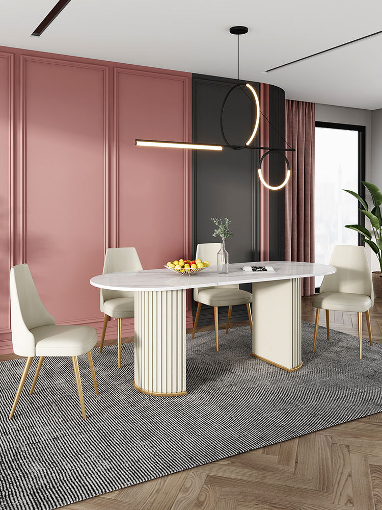 Mesa blanca de piedra sinterizada ovalada, mesa de pedestal doble de lujo para comedor
