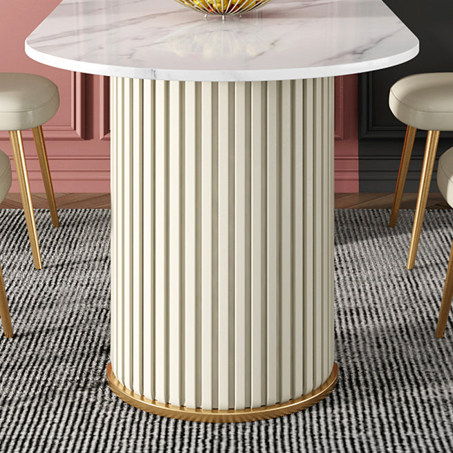 Mesa blanca de piedra sinterizada ovalada, mesa de pedestal doble de lujo para comedor