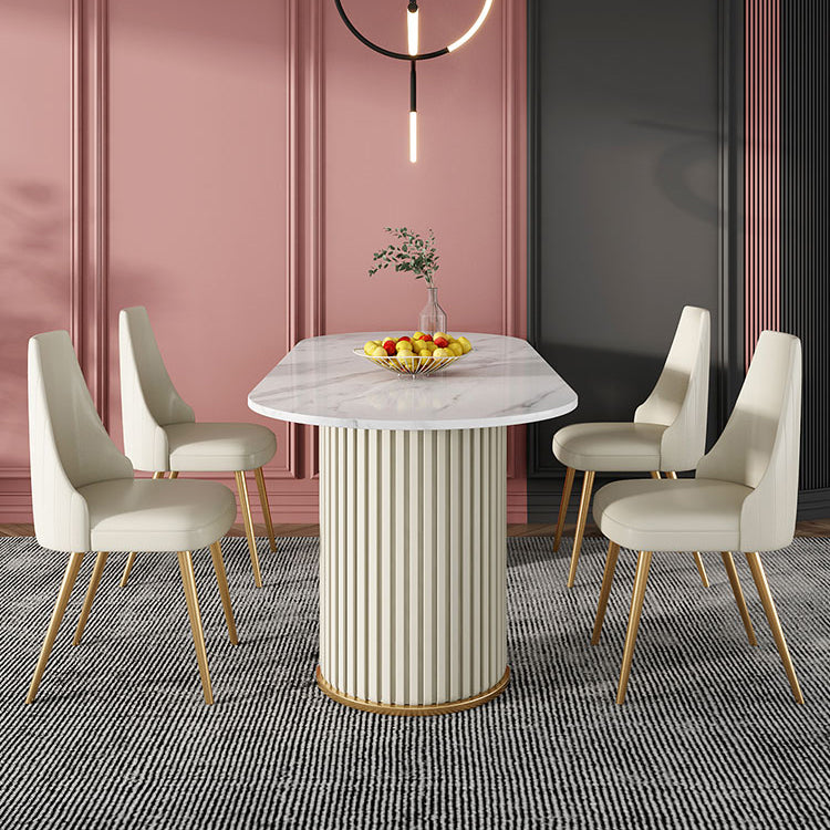 Mesa blanca de piedra sinterizada ovalada, mesa de pedestal doble de lujo para comedor
