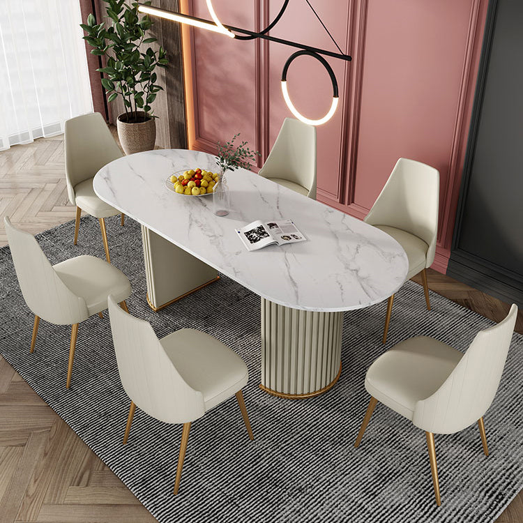 Mesa blanca de piedra sinterizada ovalada, mesa de pedestal doble de lujo para comedor